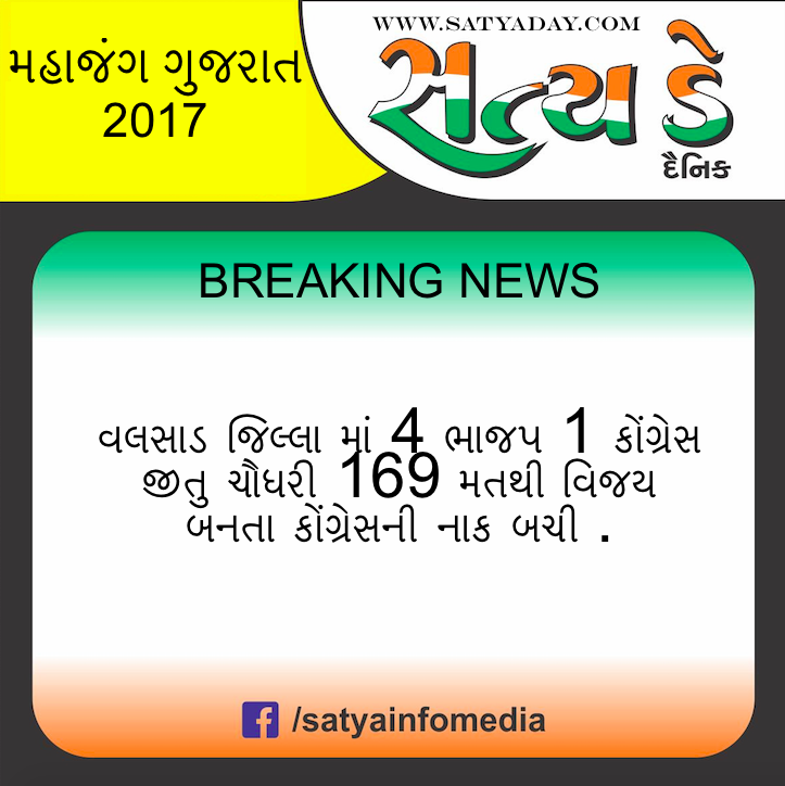 વલસાડ જિલ્લામાં 4 ભાજપ 1 કોંગ્રેસ જીતુ ચૌધરી 169 મતથી વિજય બનતા કોંગ્રેસની નાક બચી . Screen Shot 2017 12 18 At 1.05.02 Pm Satya Day