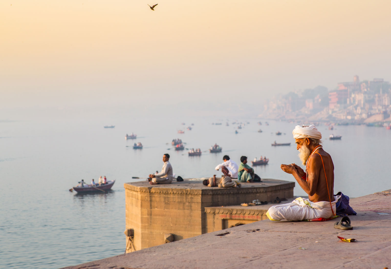 Morning prayers Ganges River India Varanasi