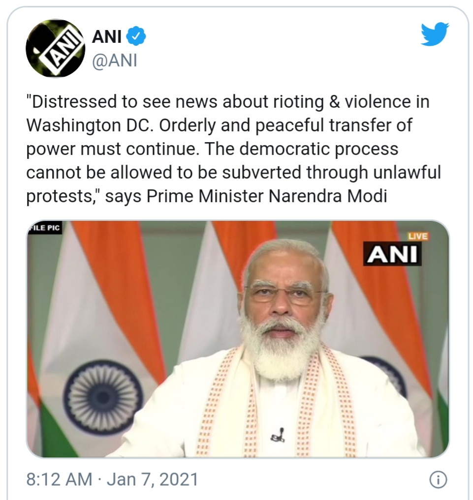 અમેરિકા માં હિંસક પ્રદર્શનથી PM મોદી વ્યતીત થયા,કહ્યું લોકશાહી ના મૂલ્યો નું જતન કરો ! 20210107 090751