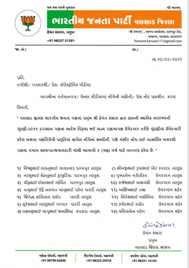 વલસાડજિલ્લા ભાજપ દ્વારા 14 કાર્યકરોને પાર્ટી માંથી 3 વર્ષ માટે સસ્પેન્ડ કરાયા ; પક્ષ ના મેન્ડેડ વિરુદ્ધ જતા કરાયા સસ્પેન્ડ Img 20210220 Wa0024 Satya Day