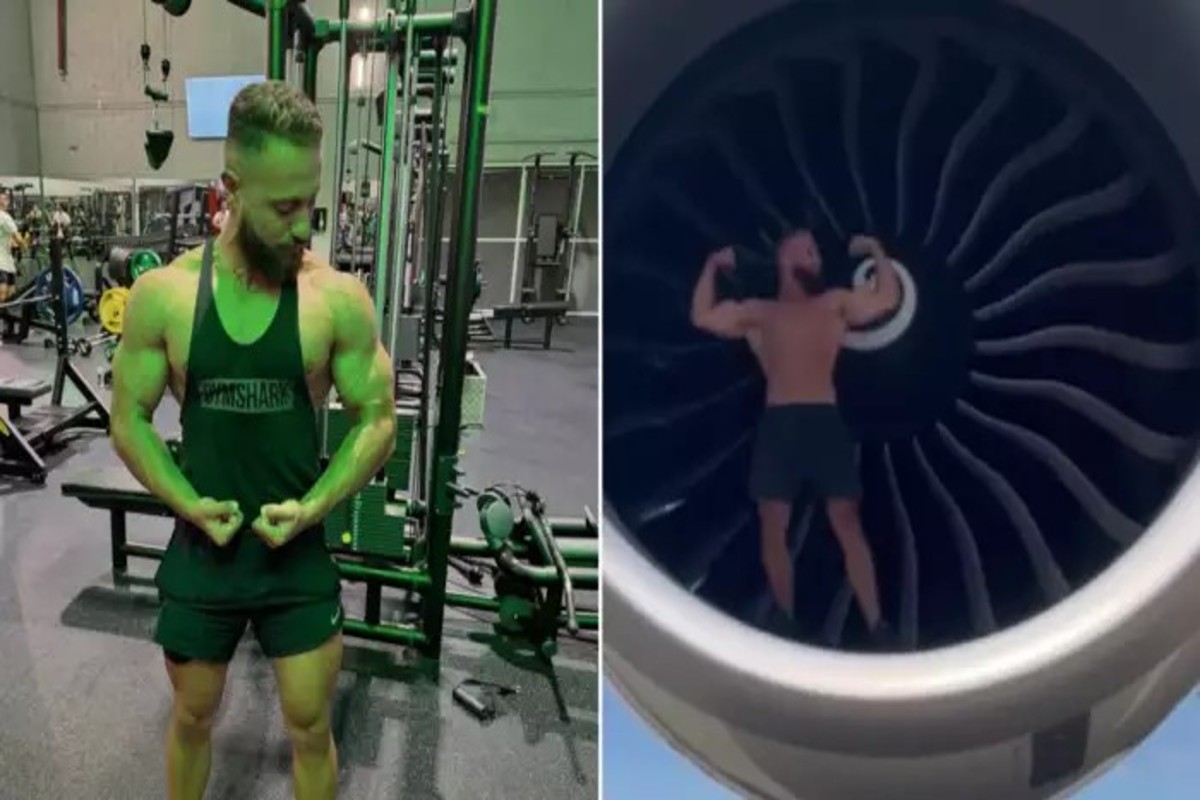Bodybuilder Pushups In Plane Engine Video