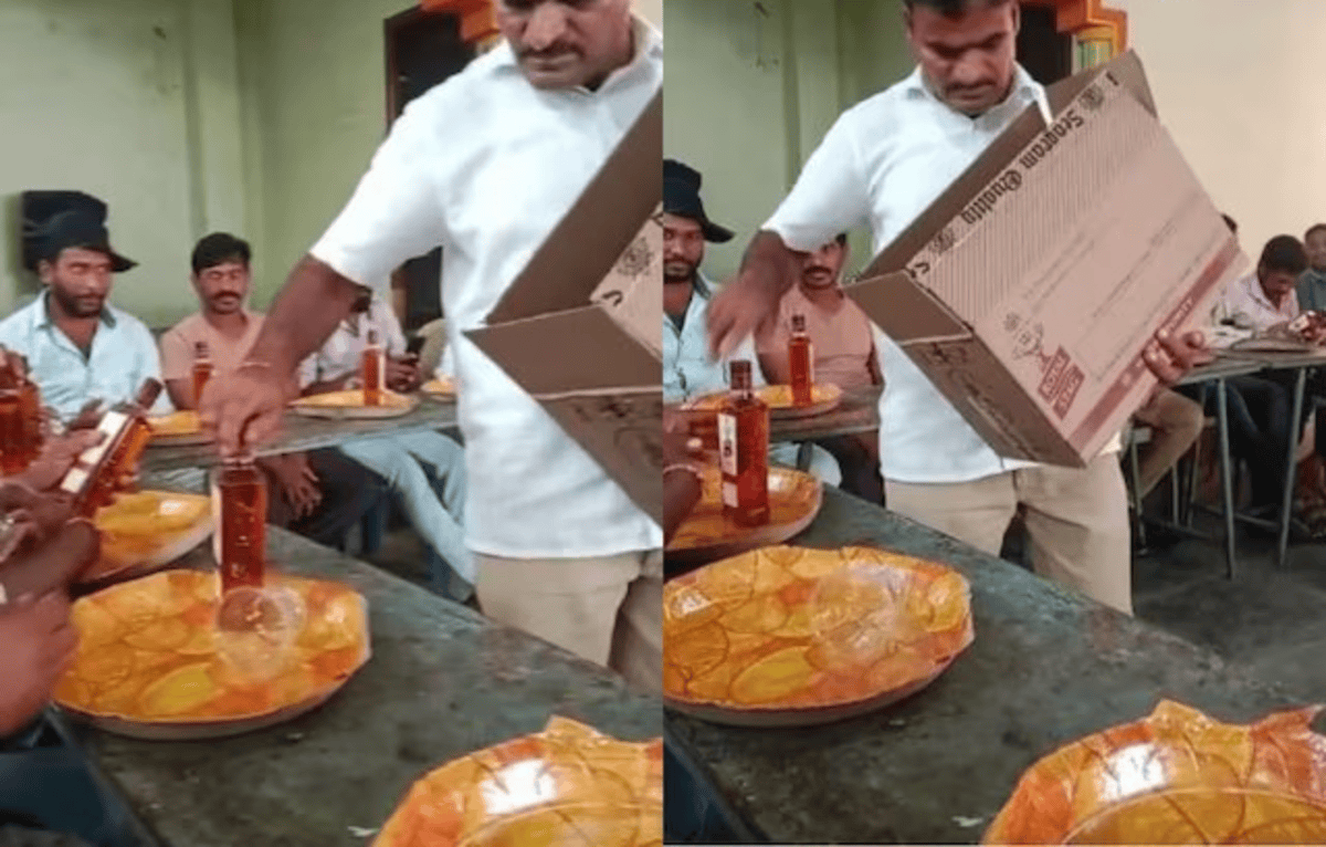 Man serving liquor bottle in plate