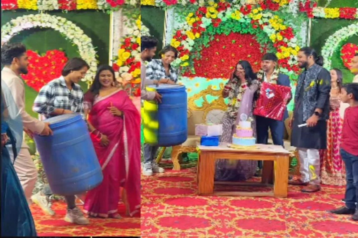 Men give blue drum gift to bride video