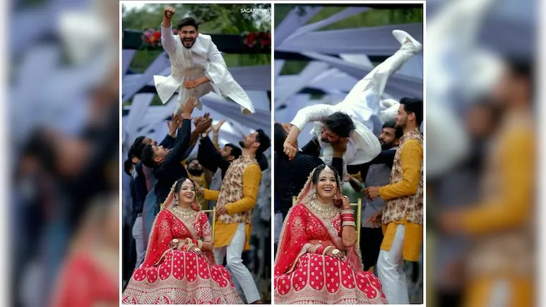 Groom flying over bride photoshoot video