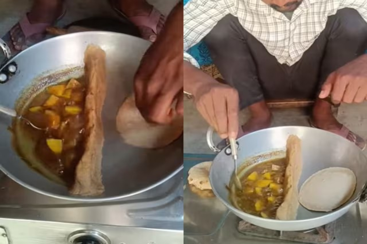 Man cook roti and sabzi in one utensil video